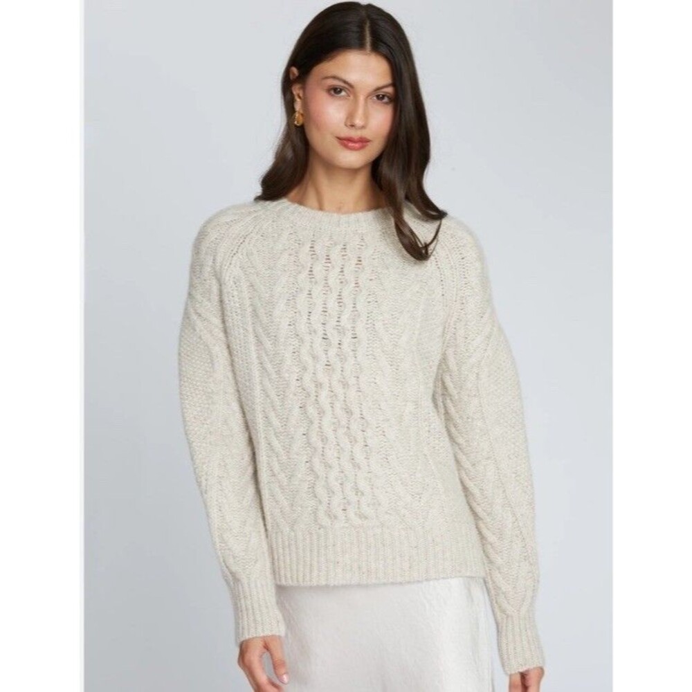 AUTUMN CASHMERE Women's Fisherman Cable Crew Pleated Sleeve Beige Size XS